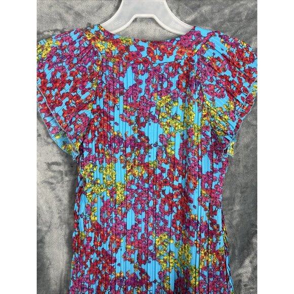 New Directions Dress Womens A Line Turquoise Blue Floral Pleated Short Sleeve - Picture 13 of 14